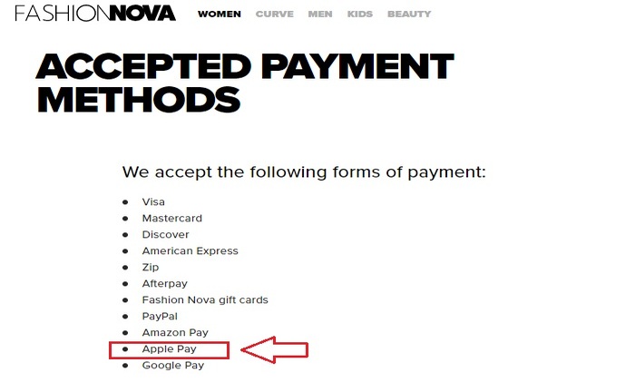 fashion nova payments methods apple pay